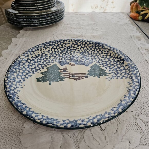 Folk Craft Cabin in the Snow Chop Plate 14" Tienshan round platter sponge paint - Picture 2 of 6